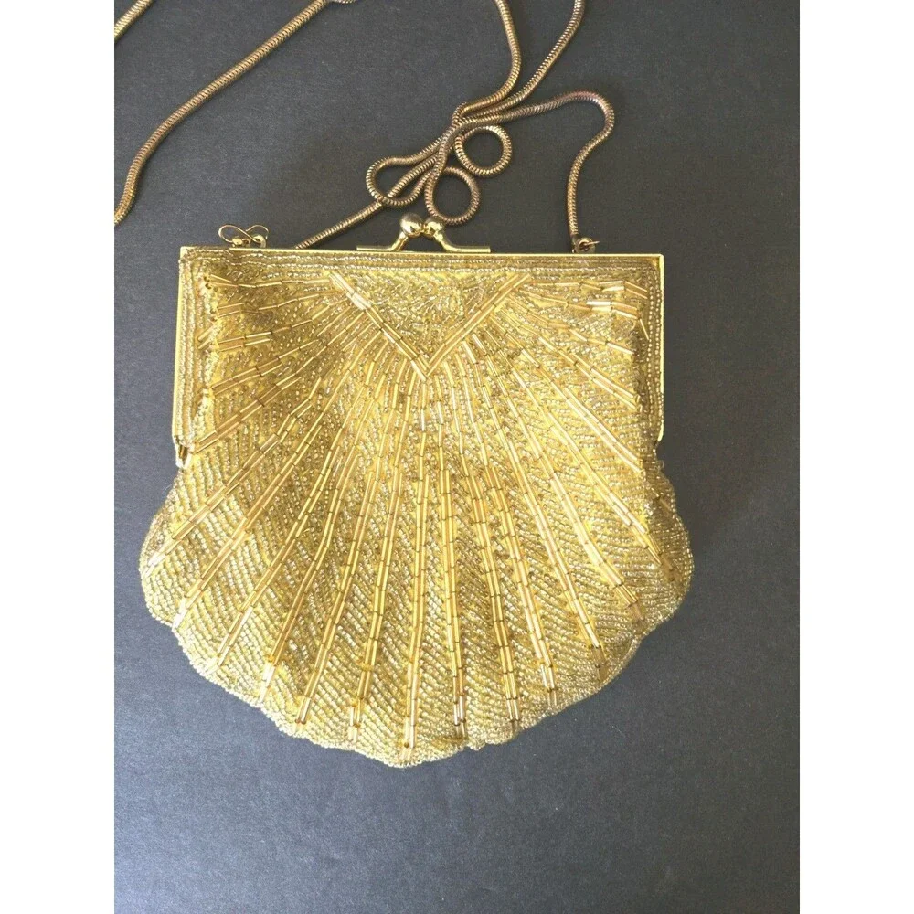 Vintage Partners by Mervyns Gold Beaded Clamshell Evening Bag / Clutch GUC